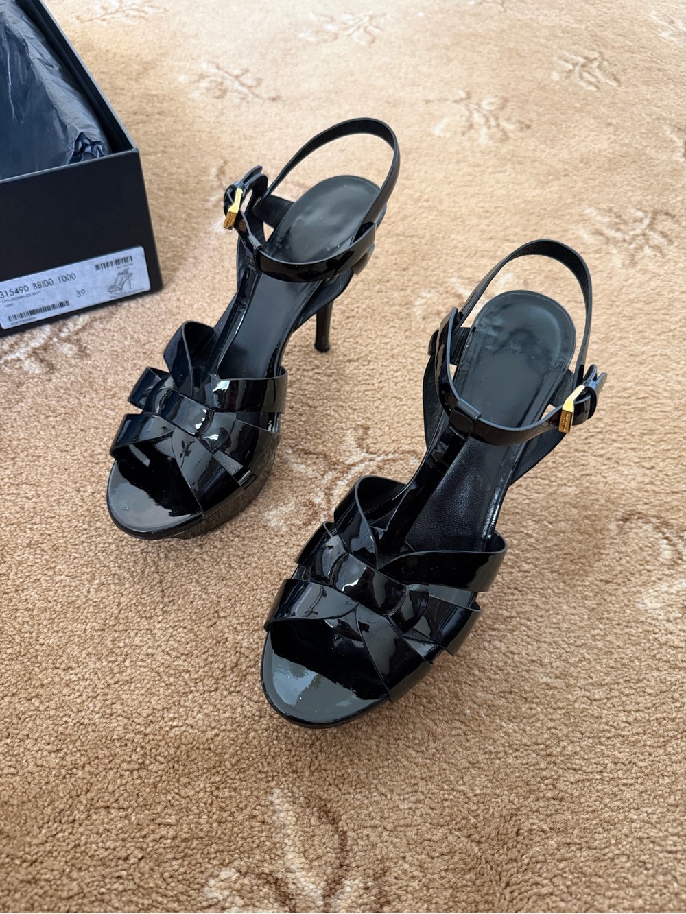 Saint Laurent Tribute Patent T-Strap Platform Sandals